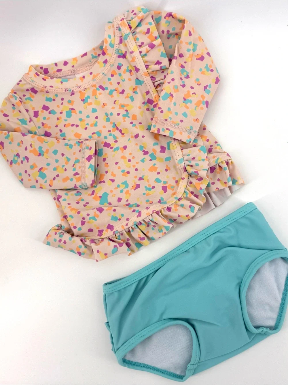 Ruffle Butts Baby Girls Ruffle Rash Guard Set - Peach Confetti & Aqua